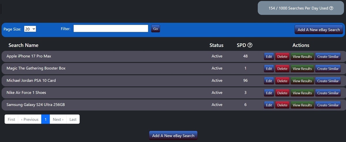 Sample saved eBay searches